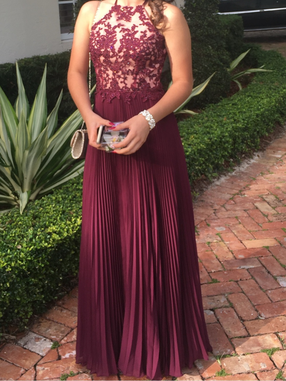 Camille La Vie Wine Halter Lace Appliqué Pleated Prom Gown